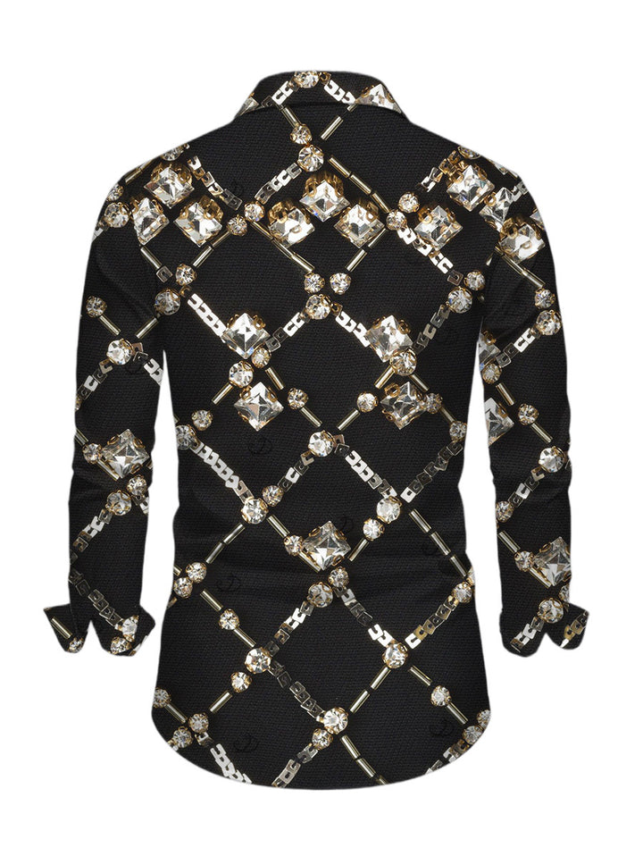 Men's Black Gold Chain Rhinestone Lattice Print Button Up Long Sleeve Vintage Shirt