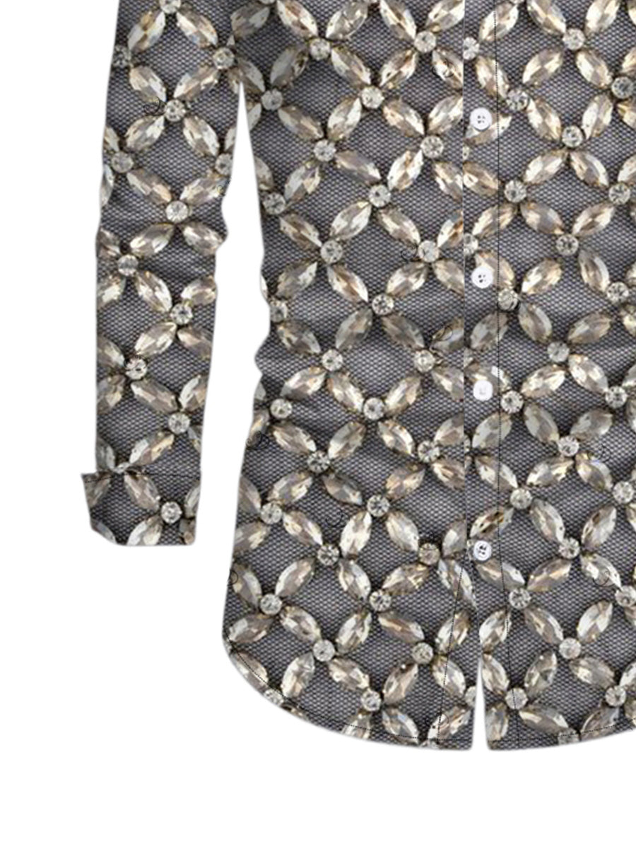 Men's Rhinestone Lattice Print Button Up Long Sleeve Party Vintage Shirt