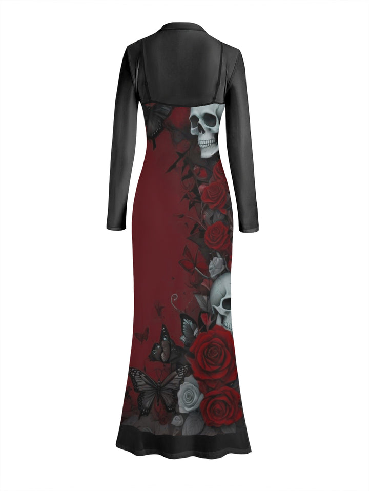 Gothic Sexy Mesh & Skull Rose Print Slim Split Maxi Dress Two-Piece Set