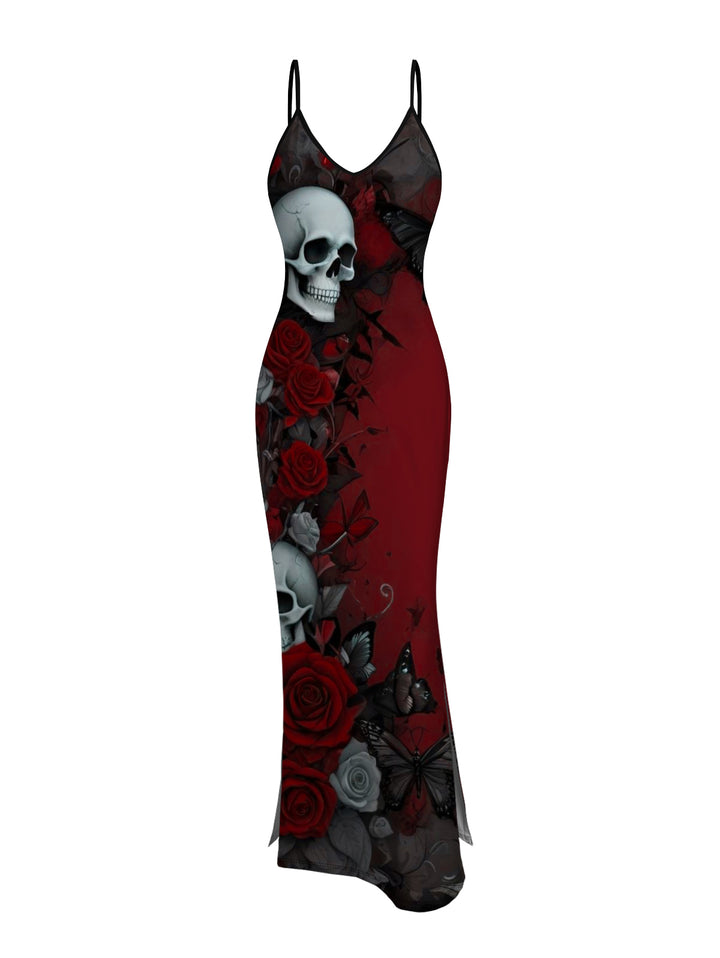 Gothic Sexy Mesh & Skull Rose Print Slim Split Maxi Dress Two-Piece Set
