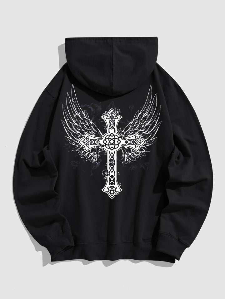 Gothic Oversized Hoodie-Cross & Wings Print Long Sleeve Hooded Sweatshirt