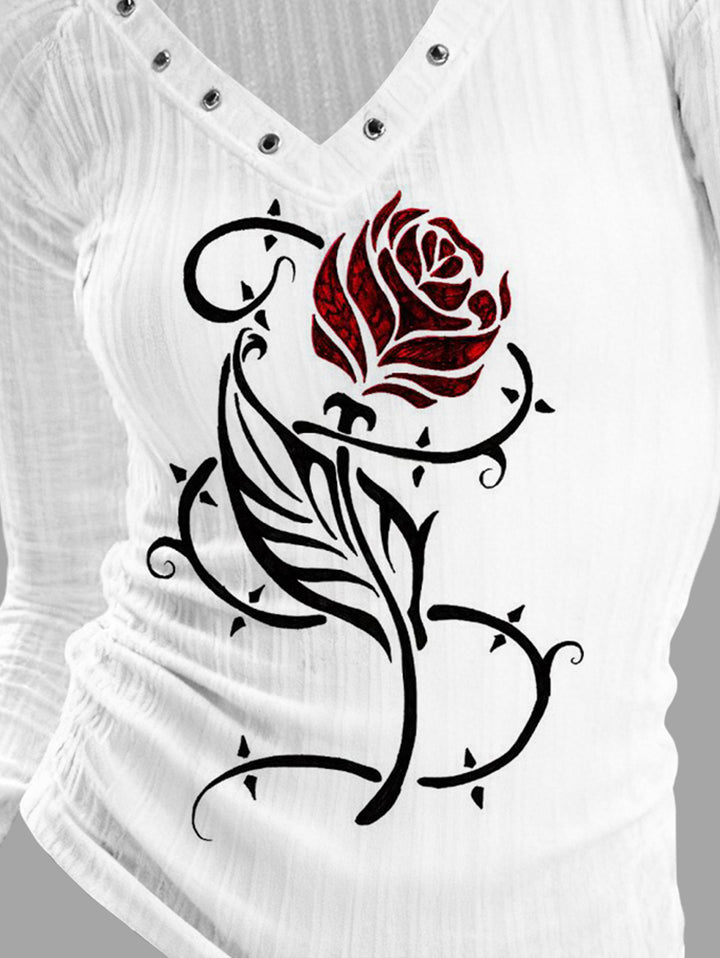 Gothic V-neck Ribbed Rose Printed Long-sleeve T-shirt
