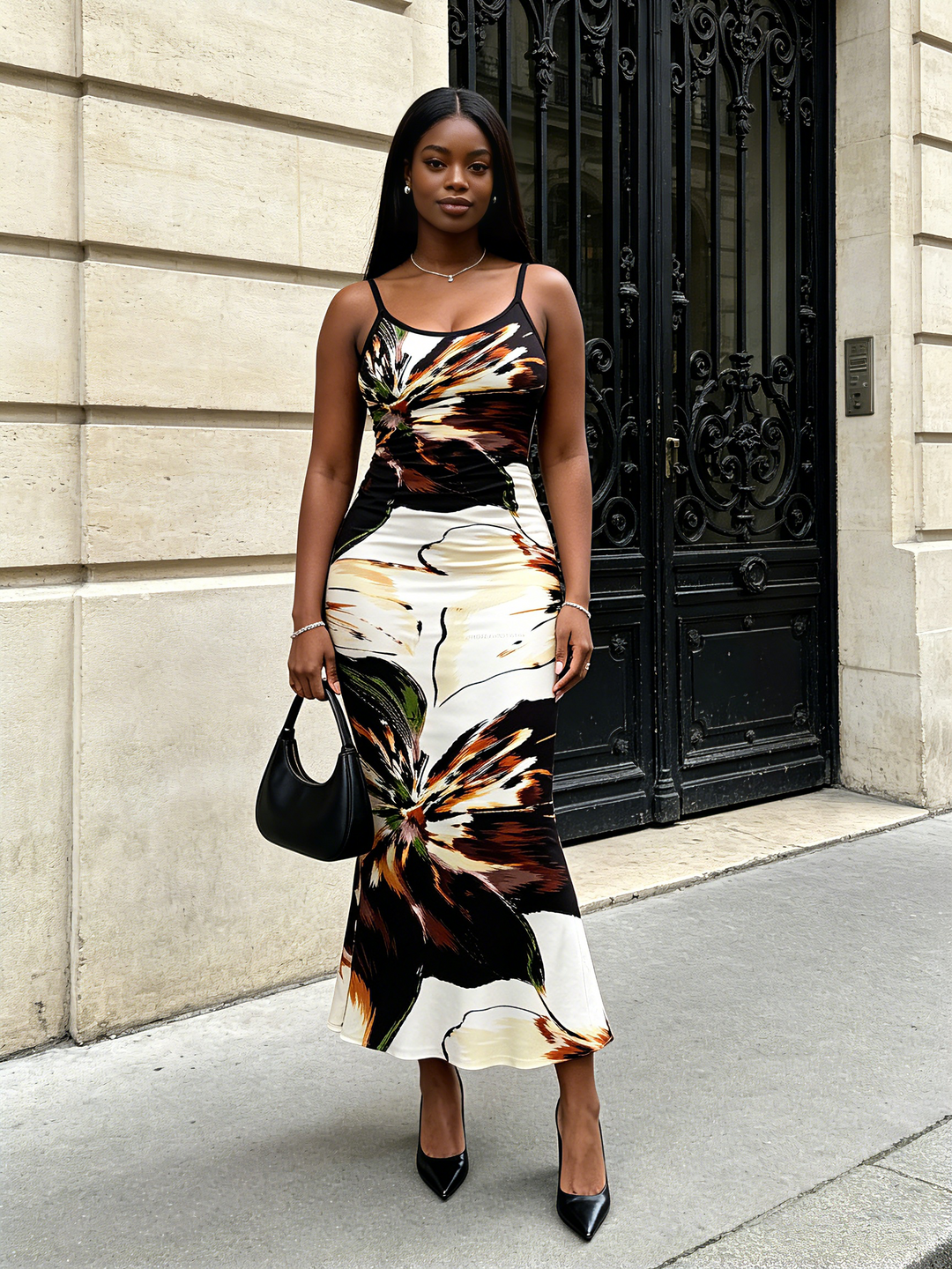Splash Ink Floral Print Spaghetti Strap Maxi Bodycon Vacation Dress