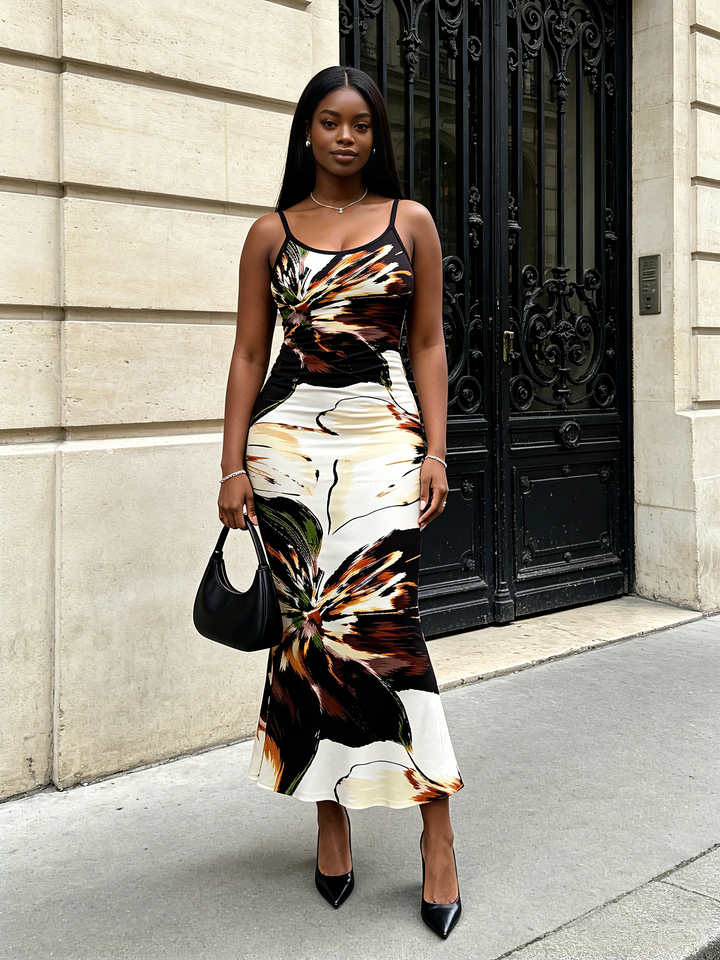 Splash Ink Floral Print Spaghetti Strap Maxi Bodycon Vacation Dress