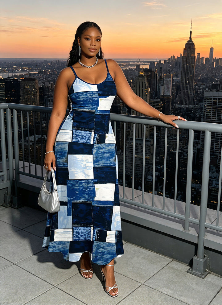 Oil Painting Geometric Patchwork Print Pocket Spaghetti Strap Vacation Dress