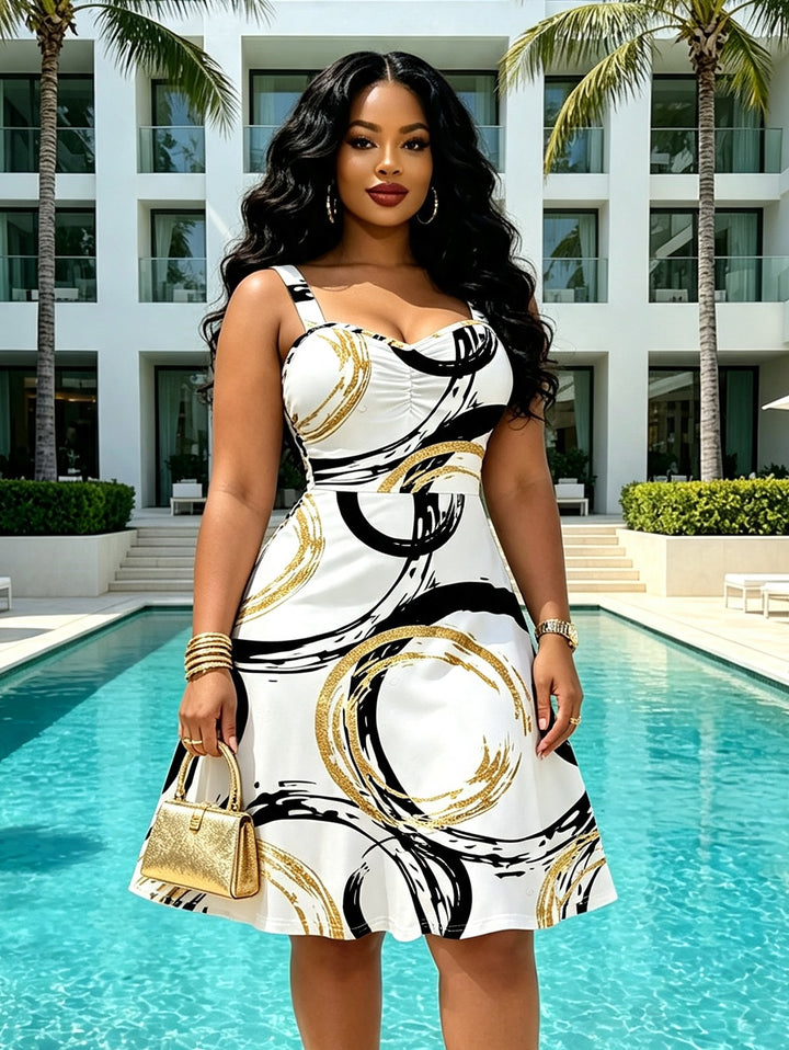 Bicolor Concentric Circle Print Ruched Bust Sweetheart Neck Mini Dress