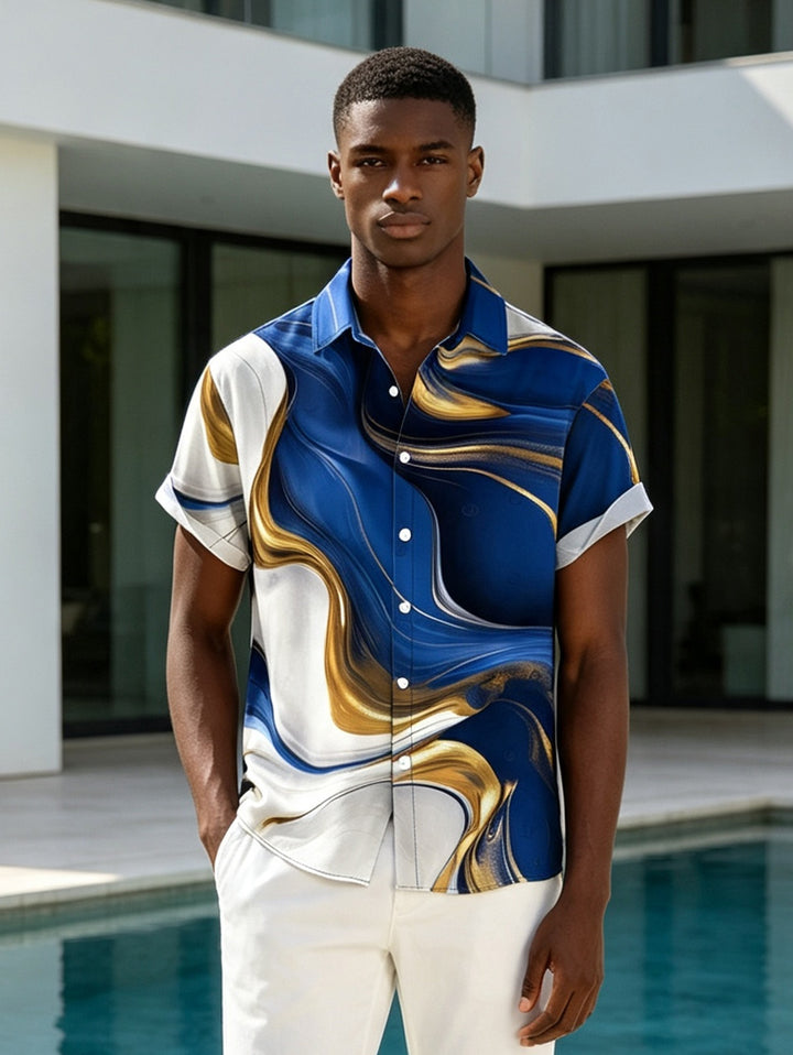Men's Gold Fluid Abstract Marble Print Button Up Vacation Shirt