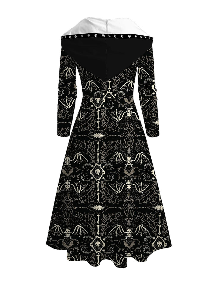 Gothic Bat & Skull Print Lace Up High Low Hoodie Dress