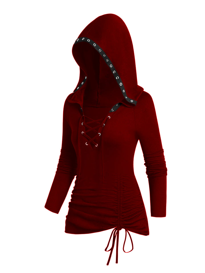 Gothic Lace Up Hoodie Grommet Cinched Long Sleeve Top-Red