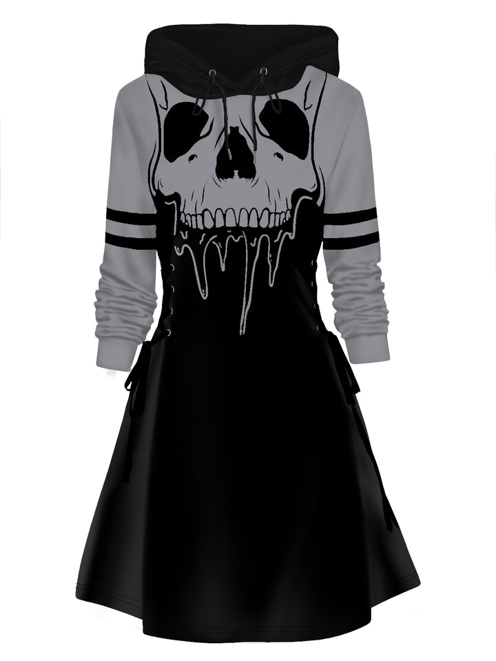 Skull Print Lace Up Colorblock Mini Hoodie Dress