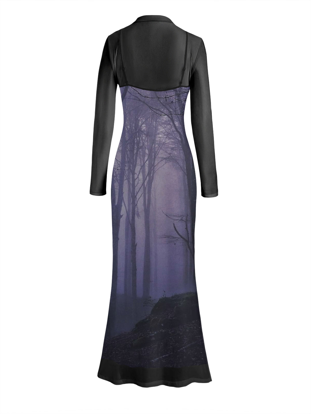 Gothic Sexy Mesh & Forest Print Slim Split Maxi Dress Two-Piece Set