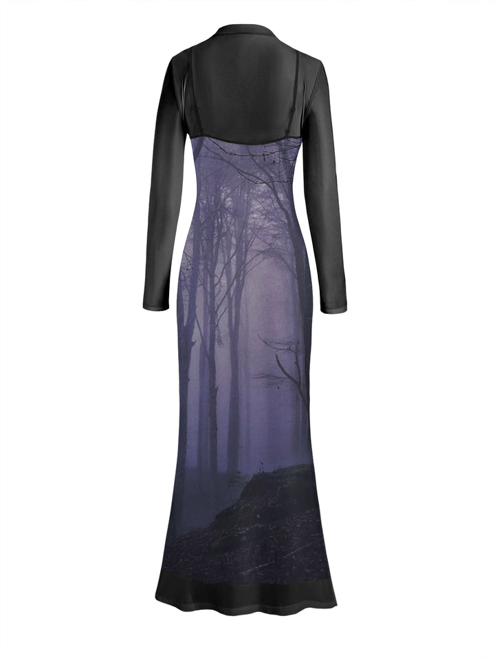 Gothic Sexy Mesh & Forest Print Slim Split Maxi Dress Two-Piece Set