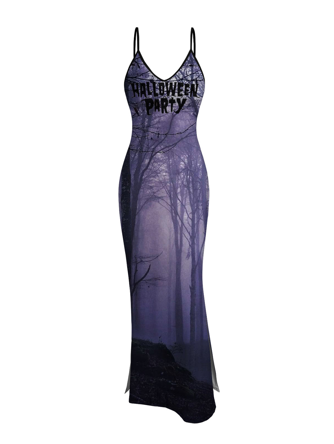 Gothic Sexy Mesh & Forest Print Slim Split Maxi Dress Two-Piece Set