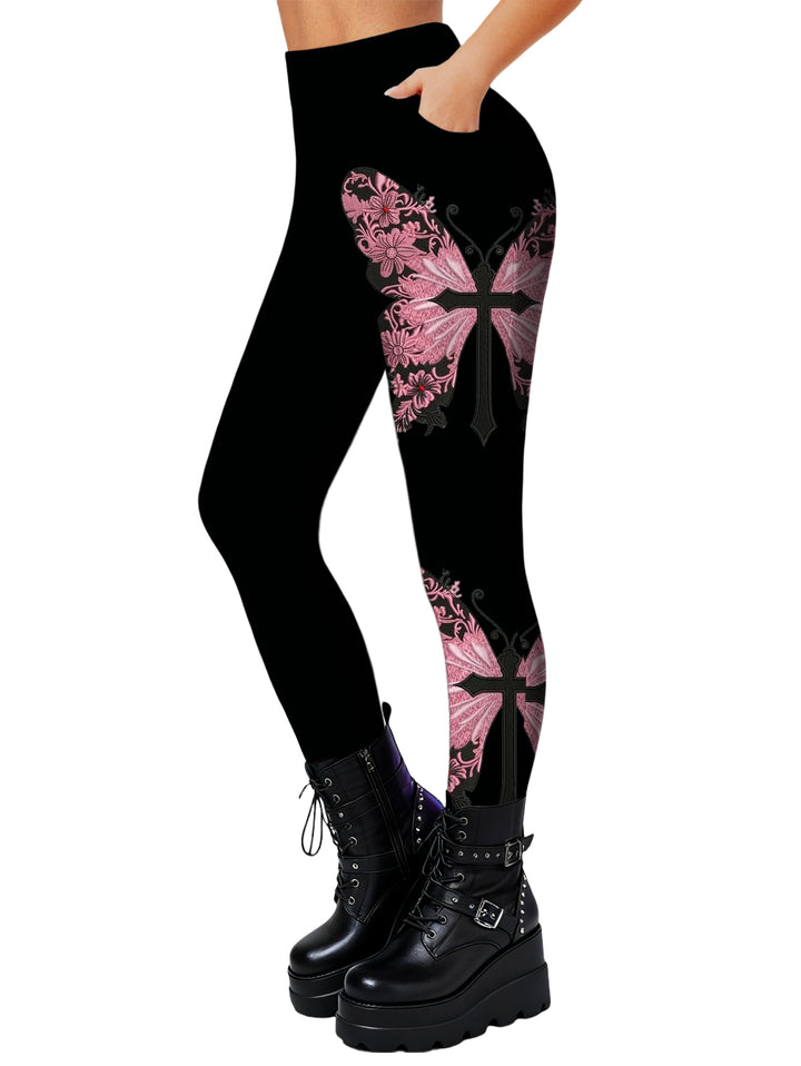 Gothic Cross & Butterfly Print Elastic High Waist Skinny Leggings