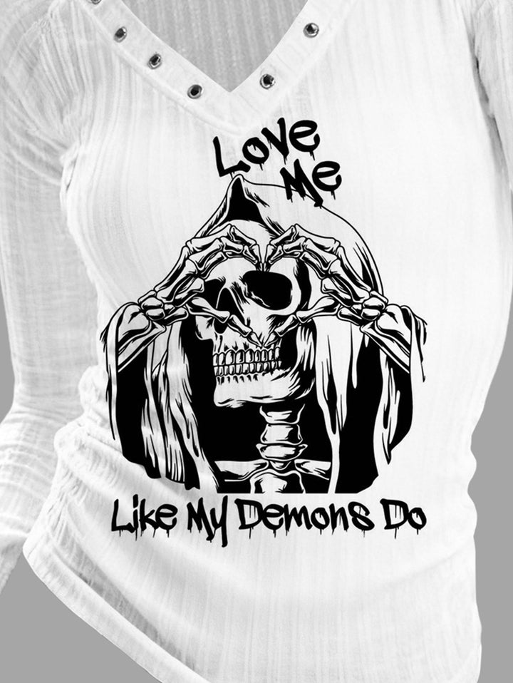 Gothic V-neck Ribbed Reaper & Demon's Word Printed Long-sleeve T-shirt (Slightly Sheer)