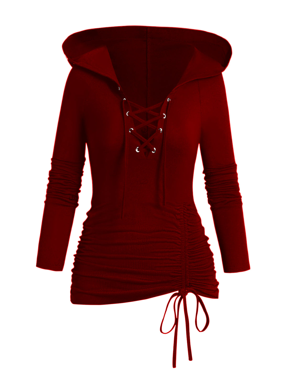 Gothic Lace Up Hoodie Grommet Cinched Long Sleeve Top-Red