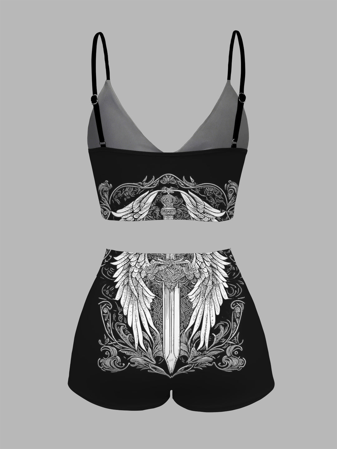 Medieval Gothic Wing & Sword Print Two-Piece Tankini Set