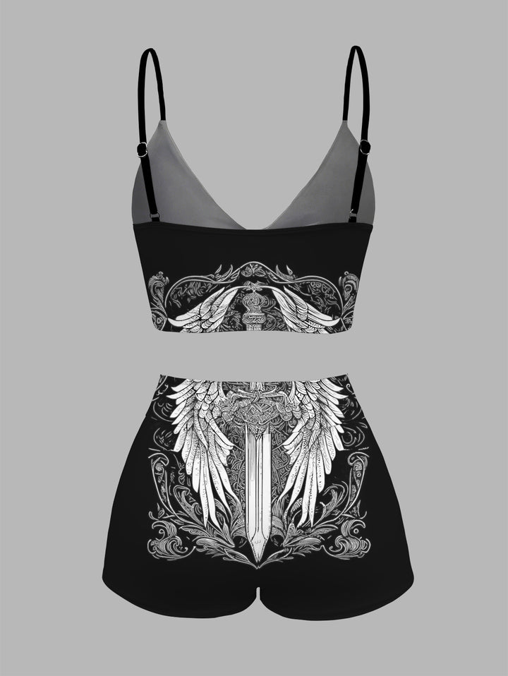Medieval Gothic Wing & Sword Print Two-Piece Tankini Set