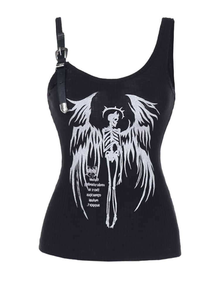 Dark Aesthetic Skull & Wing Print Buckle Strap Camisole Top