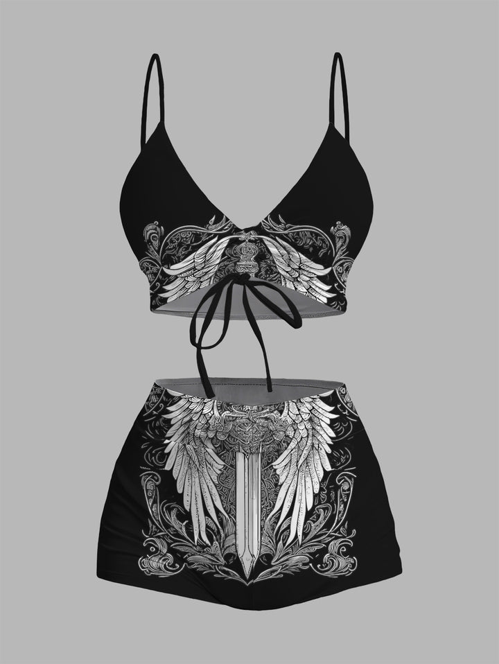 Medieval Gothic Wing & Sword Print Two-Piece Tankini Set