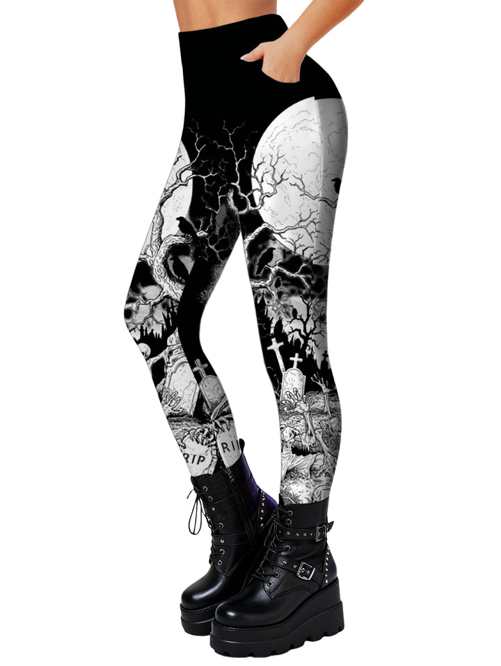 Gothic Haunted Night Print Elastic High Waist Skinny Leggings