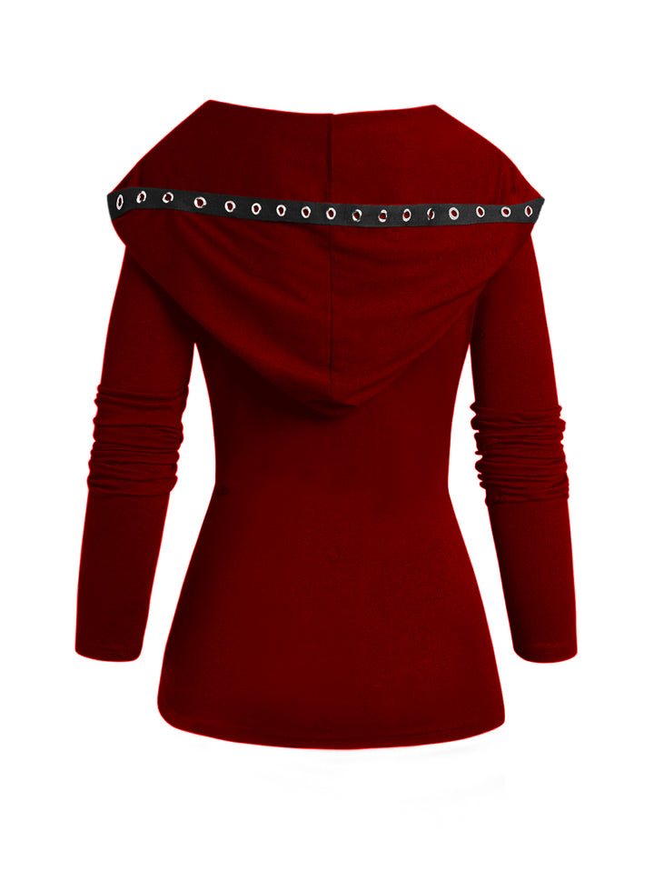 Gothic Lace Up Hoodie Grommet Cinched Long Sleeve Top-Red