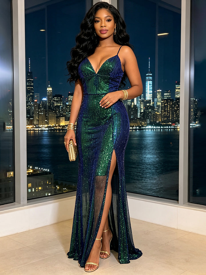 Ombre Sequined Ruched See Thru Open Back Plunging Neck Maxi Party Dress