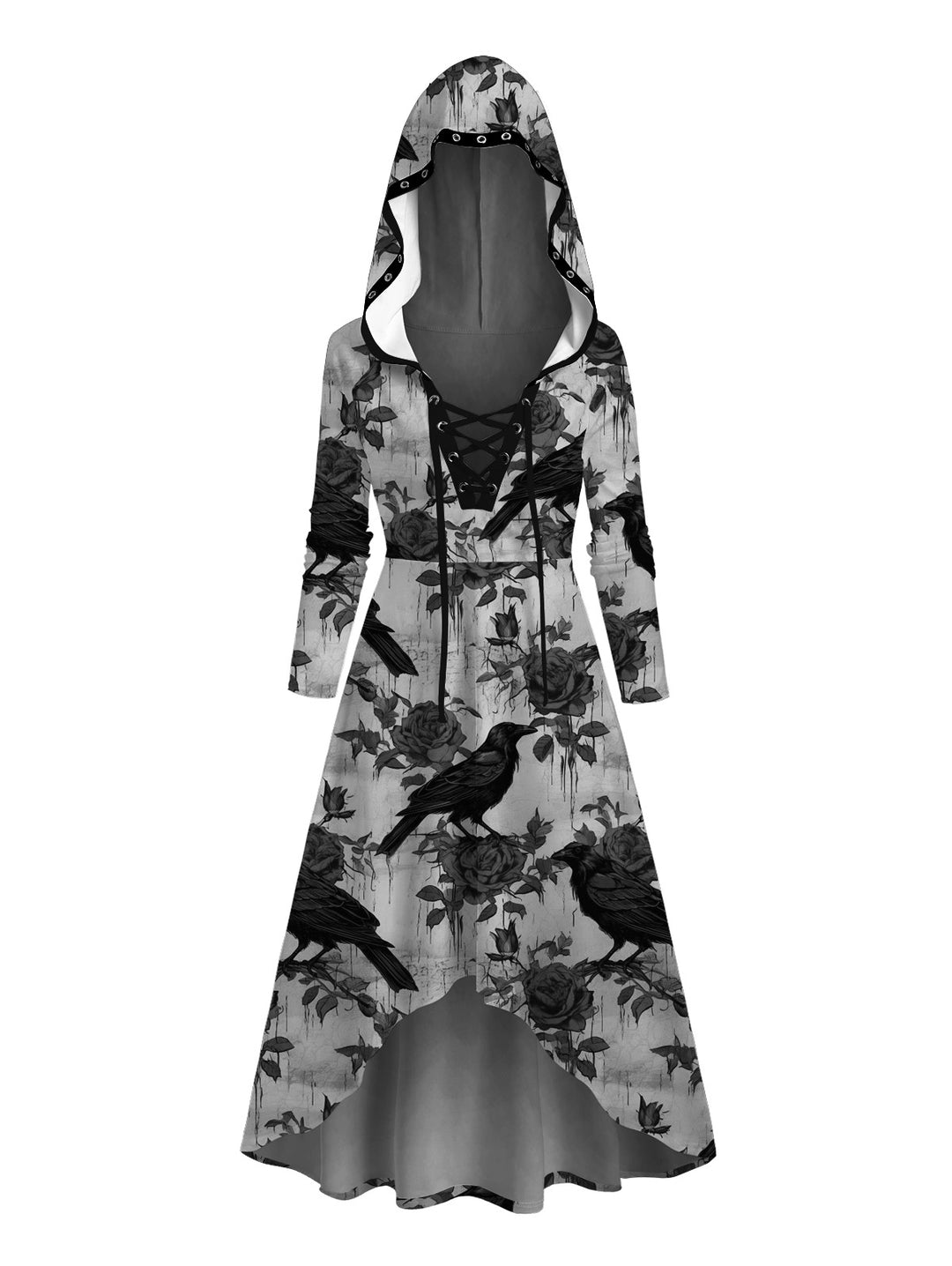 Gothic Rose & Crow Print Lace Up High Low Hoodie Dress