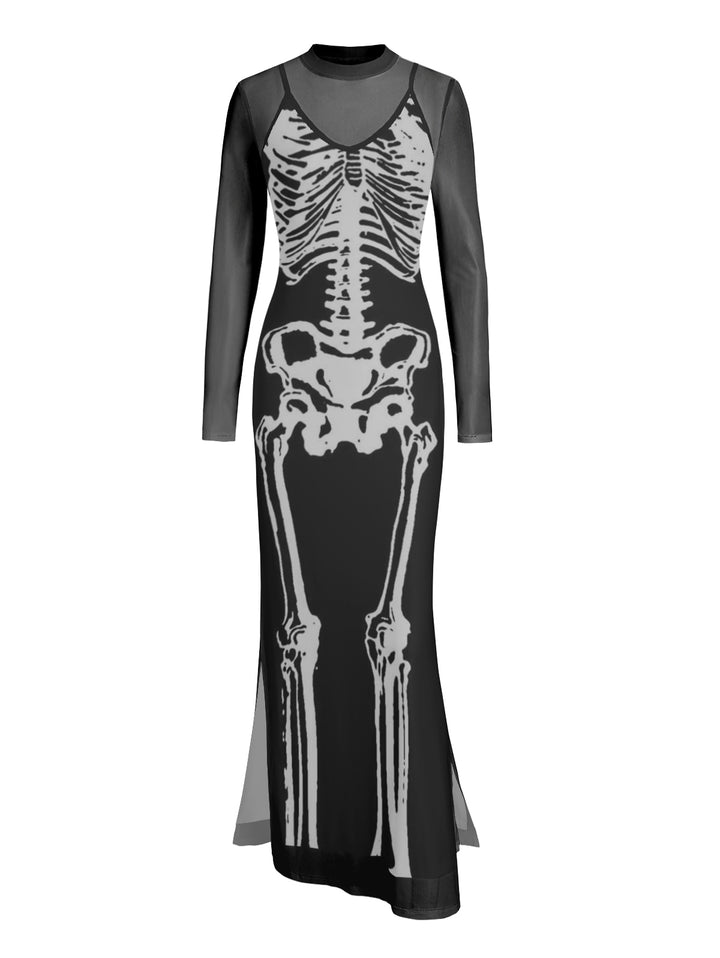Gothic Sexy Mesh & Skeleton Print Slim Split Maxi Dress Two-Piece Set