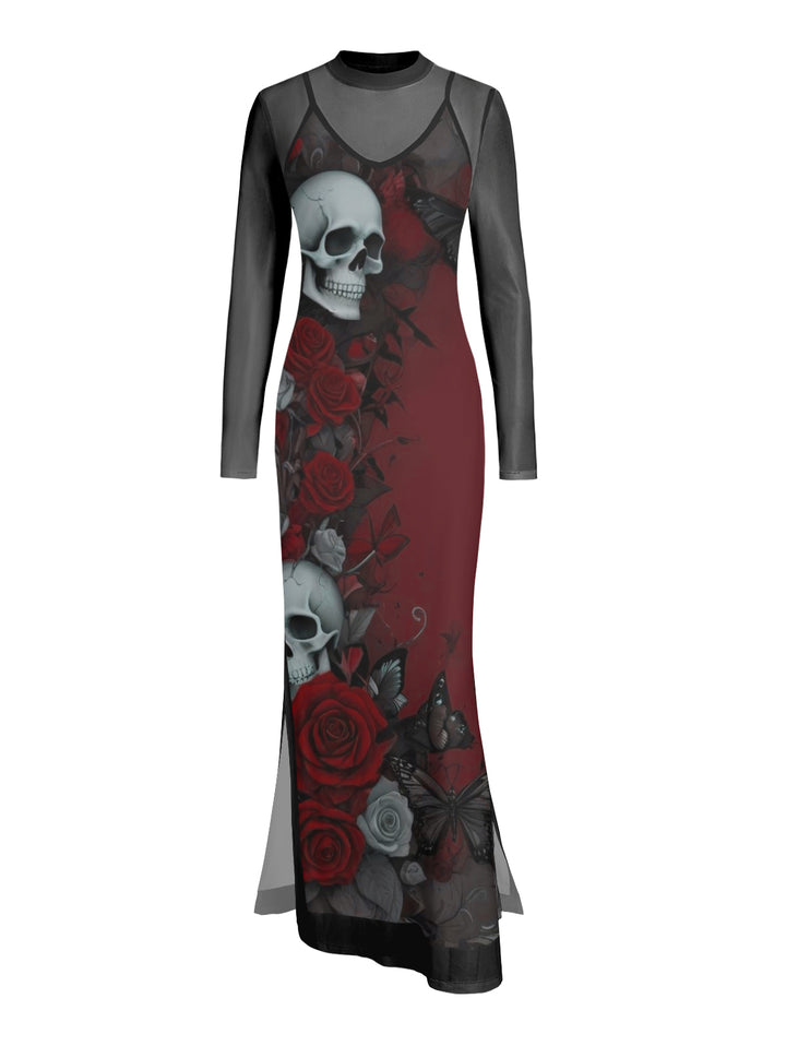 Gothic Sexy Mesh & Skull Rose Print Slim Split Maxi Dress Two-Piece Set
