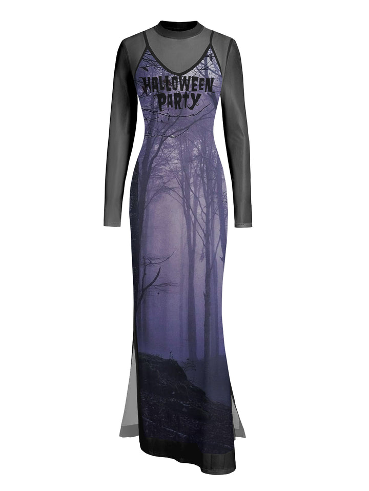 Gothic Sexy Mesh & Forest Print Slim Split Maxi Dress Two-Piece Set