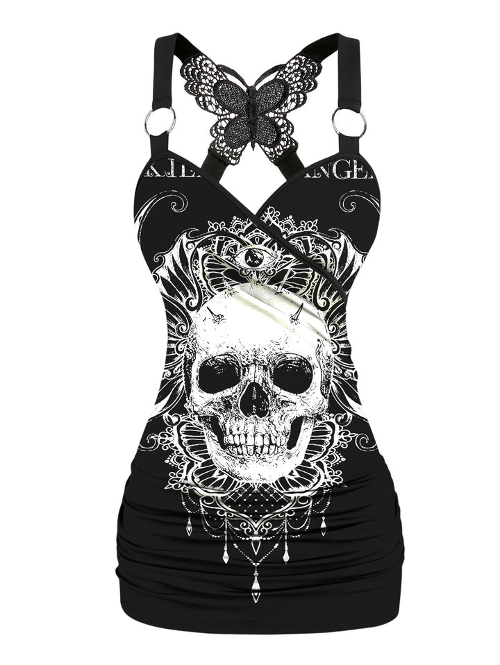 Gothic Butterfly Lace Ruched Surplice Tank Top - Skull & Butterfly Pattern