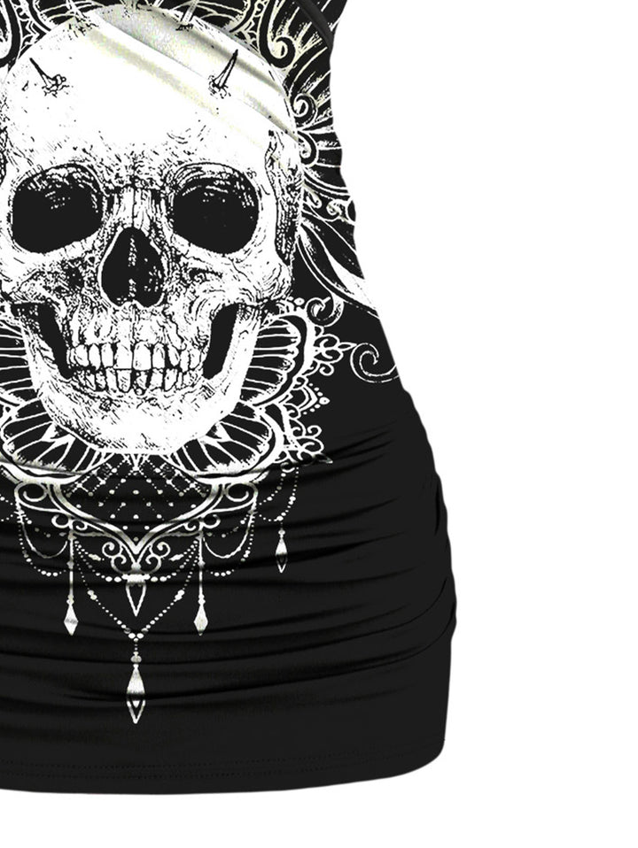 Gothic Butterfly Lace Ruched Surplice Tank Top - Skull & Butterfly Pattern