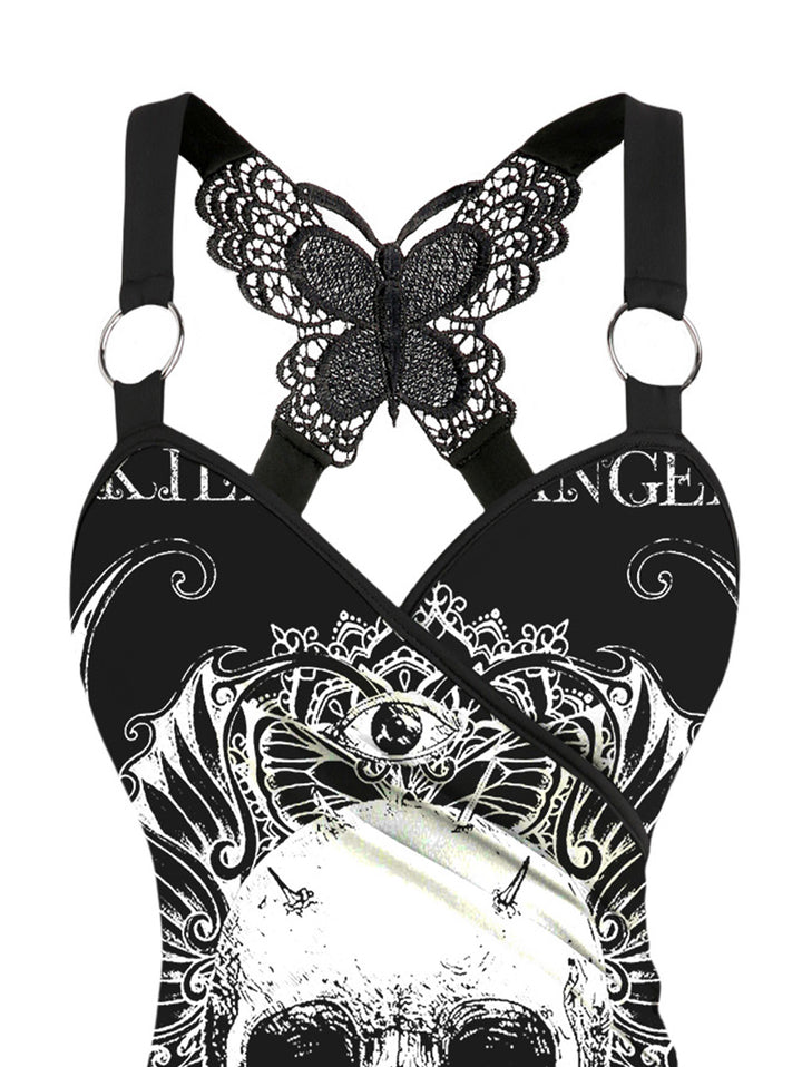 Gothic Butterfly Lace Ruched Surplice Tank Top - Skull & Butterfly Pattern