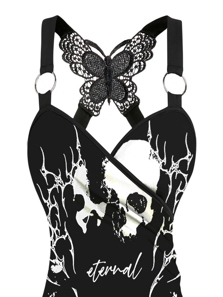 Gothic Butterfly Lace Ruched Surplice Tank Top - Skull Eternal Pattern