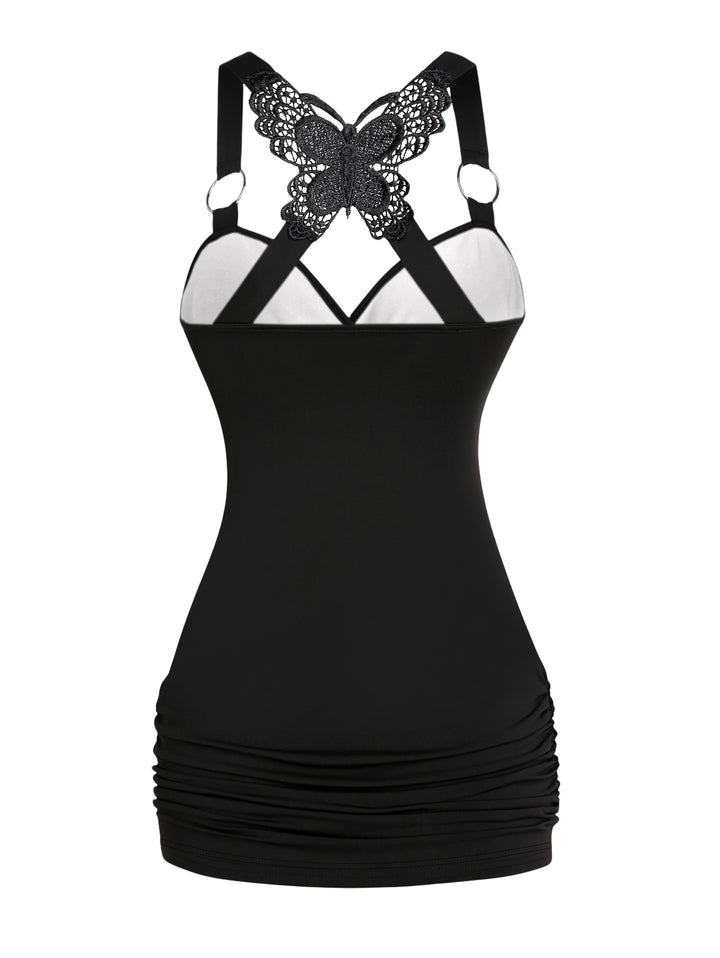 Gothic Butterfly Lace Ruched Surplice Tank Top - Skull Eternal Pattern