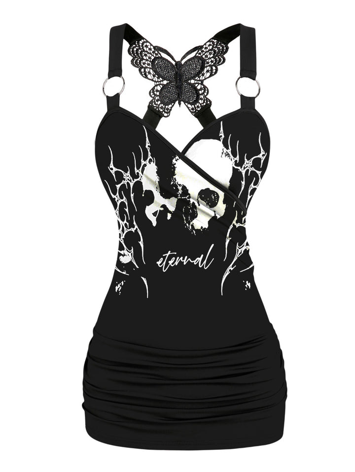 Gothic Butterfly Lace Ruched Surplice Tank Top - Skull Eternal Pattern