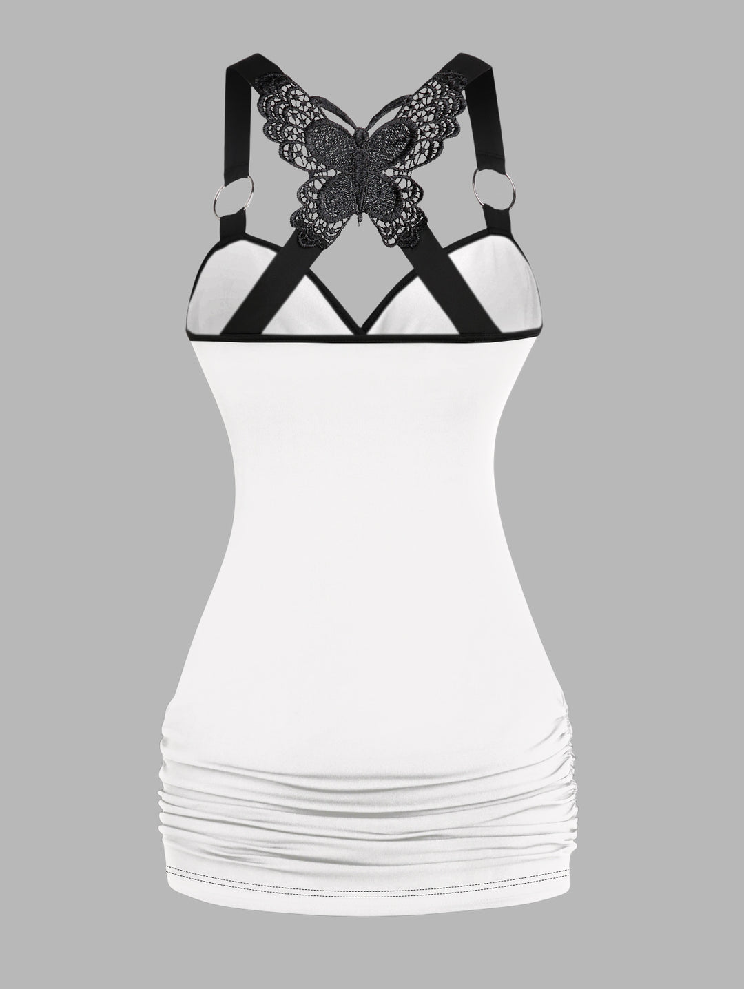 Gothic Butterfly Lace Ruched Surplice Tank Top - Cross & Wings Pattern