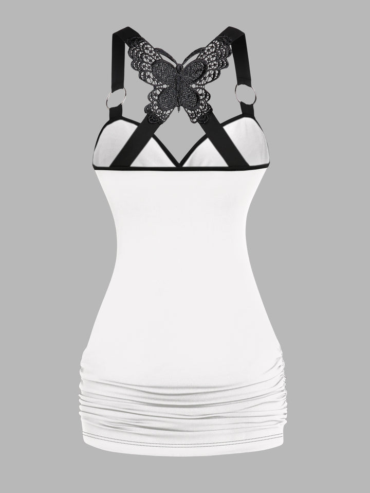 Gothic Butterfly Lace Ruched Surplice Tank Top - Cross & Wings Pattern