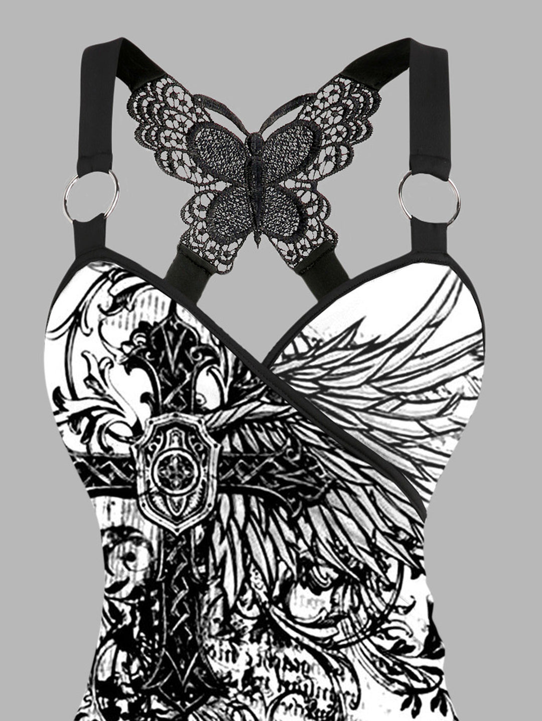 Gothic Butterfly Lace Ruched Surplice Tank Top - Cross & Wings Pattern