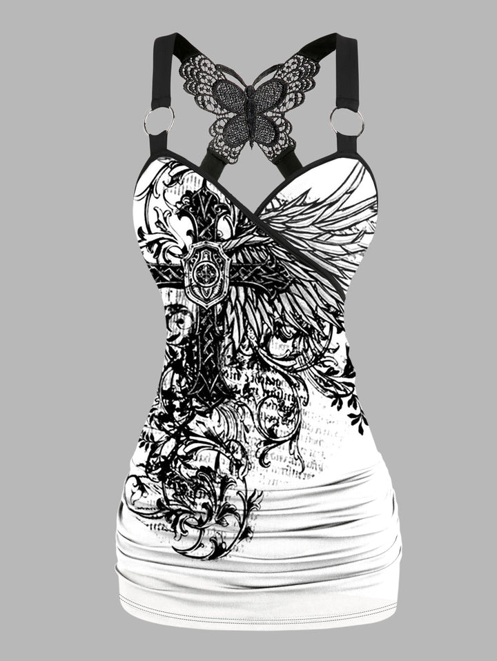 Gothic Butterfly Lace Ruched Surplice Tank Top - Cross & Wings Pattern