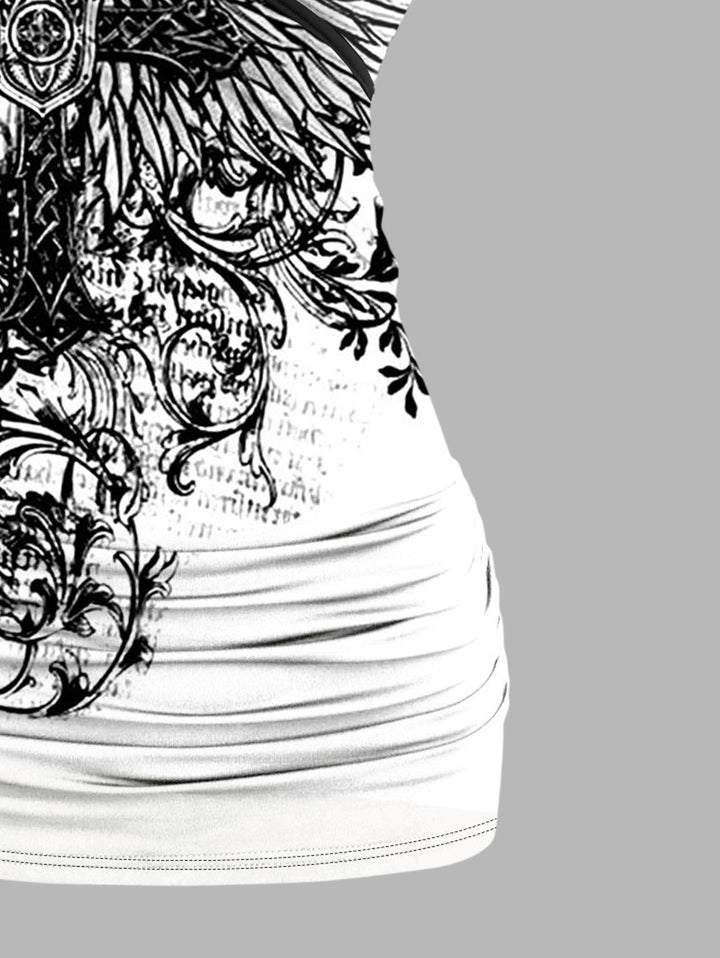 Gothic Butterfly Lace Ruched Surplice Tank Top - Cross & Wings Pattern