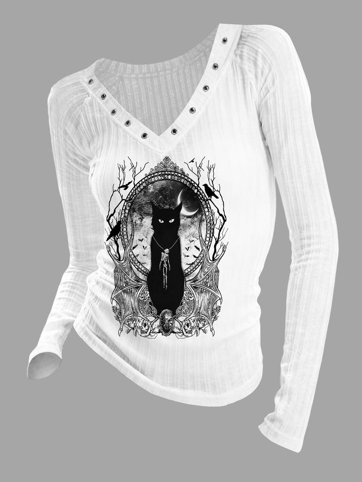 Gothic V-neck Ribbed Cat & Cross Printed Long-sleeve T-shirt