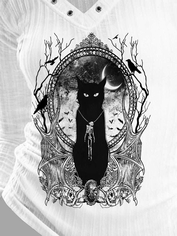 Gothic V-neck Ribbed Cat & Cross Printed Long-sleeve T-shirt
