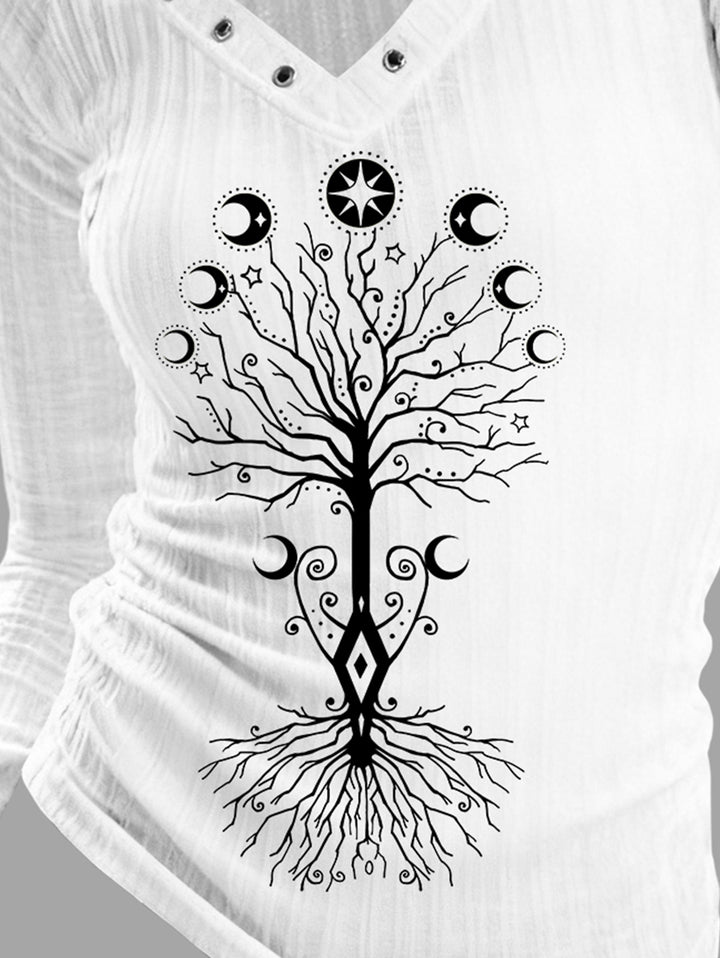 Gothic V-neck Ribbed Life Tree Printed Long-sleeve T-shirt