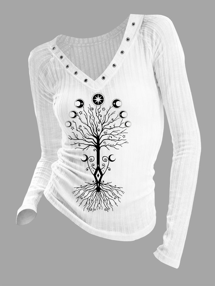 Gothic V-neck Ribbed Life Tree Printed Long-sleeve T-shirt