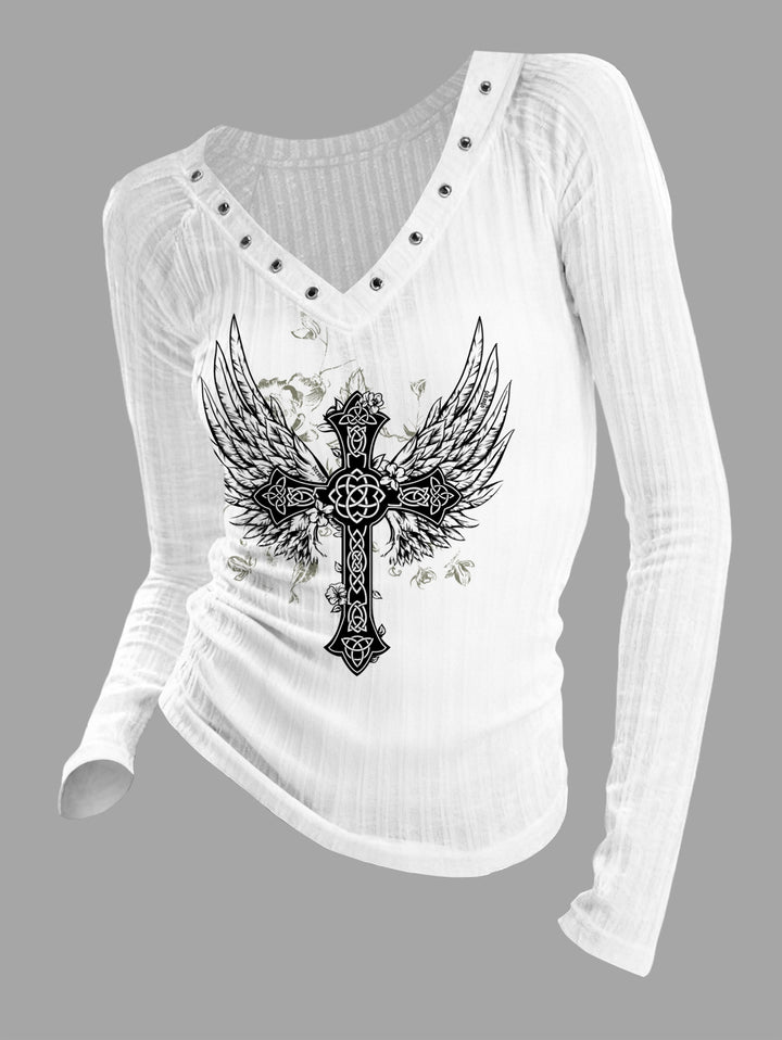 Gothic V-neck Ribbed Wings & Cross Printed Long-sleeve T-shirt