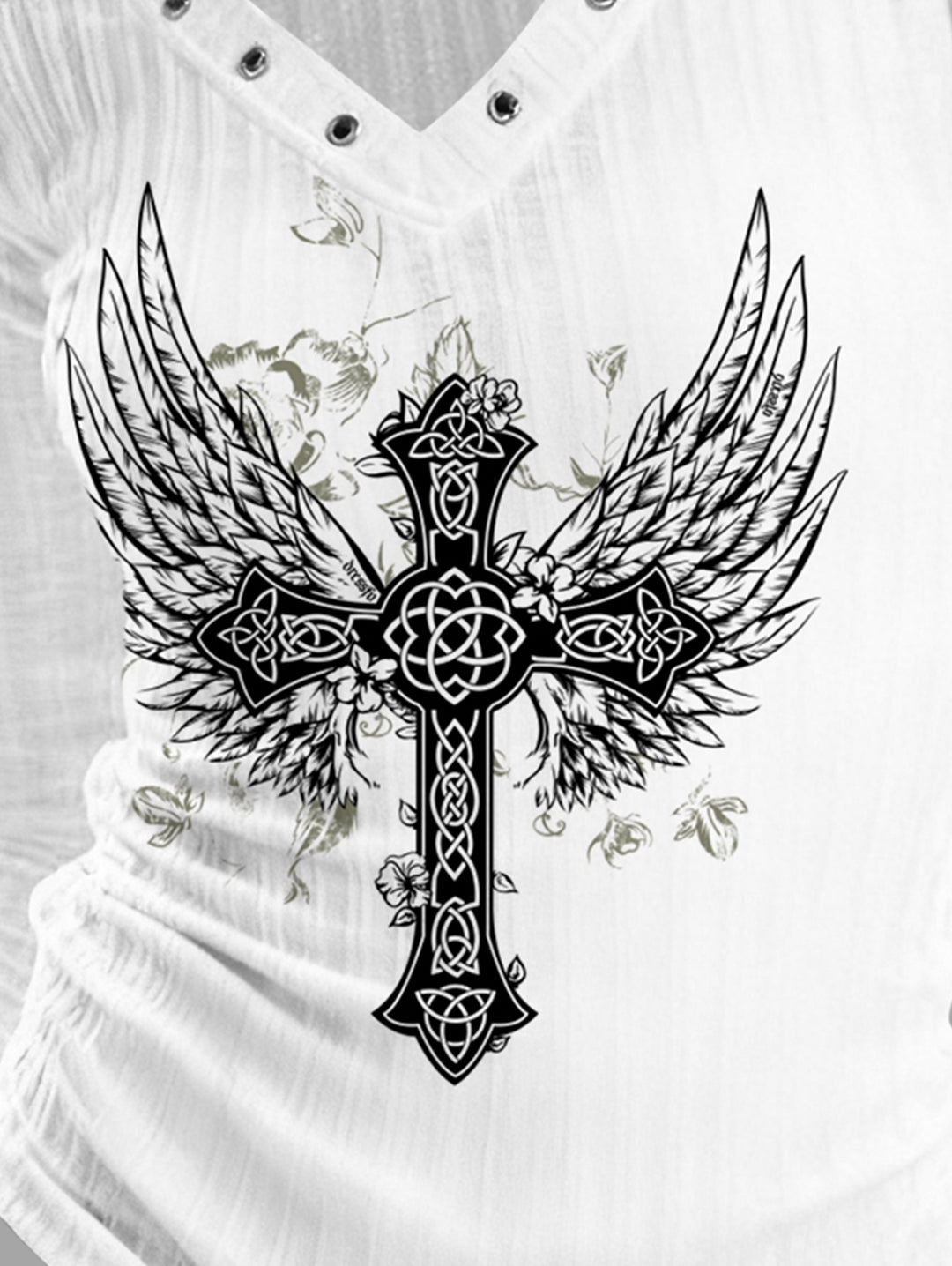 Gothic V-neck Ribbed Wings & Cross Printed Long-sleeve T-shirt