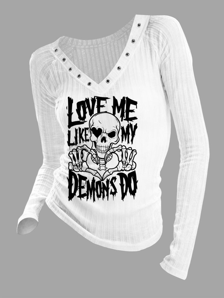 Gothic V-neck Ribbed Demon's Word Printed Long-sleeve T-shirt