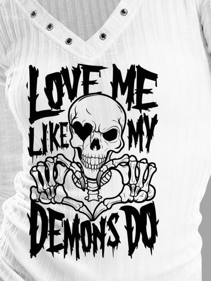Gothic V-neck Ribbed Demon's Word Printed Long-sleeve T-shirt